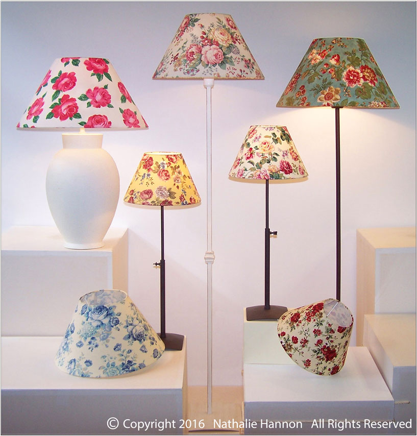 Floral printed fabric lampshades in a large variety of printed fabrics for a unique lighting interior design by Nathalie Hannon designer