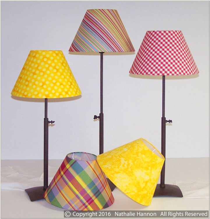 Stripes, dots, gingham and plaid printed fabric Lampshades for lamps by Nathalie Hannon designer