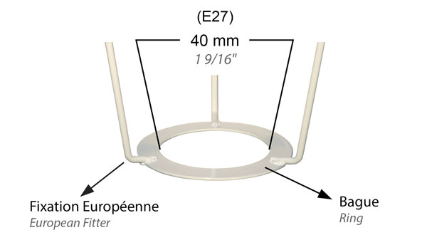 Illustration d'une bague de fixation d'un abat-jour Européen pour une douille E27 standard.