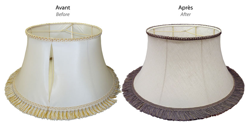 Custom-made softback lampshade before and after transformation with original wire fitter frame created by Nathalie Hannon.