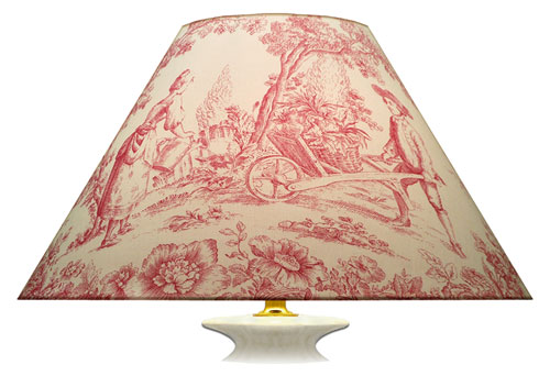 Large cream and pink toile printed lampshade with different large scene print designs.