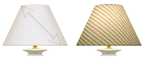 Fabric placement on bias for striped printed design fabrics on the front face of a coolie shaped lampshade.