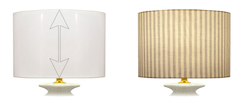 Cylinder shaped lampshade fabric placement on straight of grain for striped printed designs.