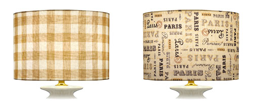 Direction of fabric placement on straight of grain for cylinder shaped lampshades with check and writing prints.